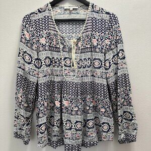Daniel Rainn Boho Peasant Blouse – Size M – Navy & Blush Print